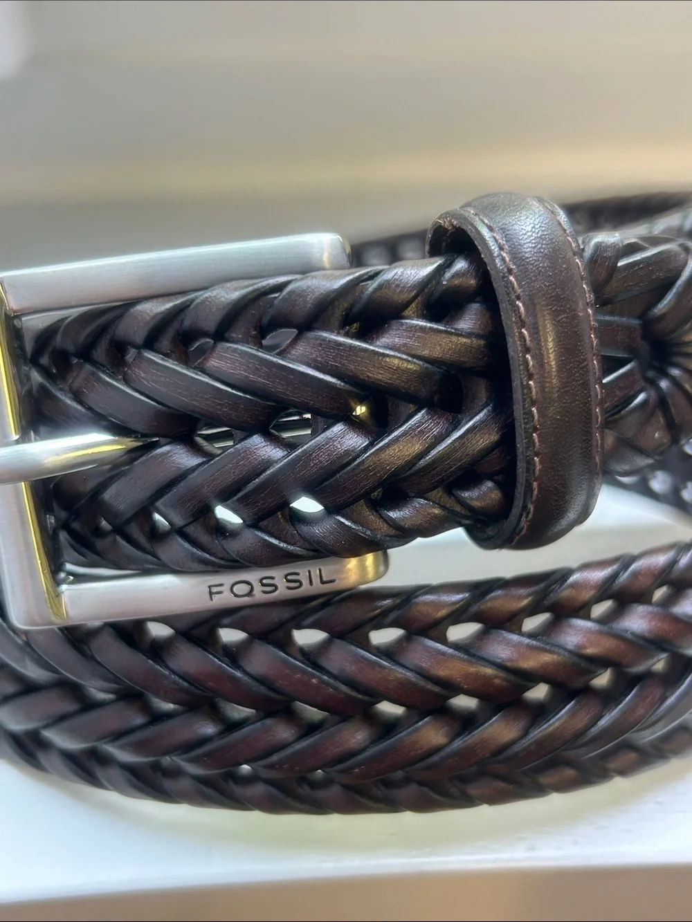 Like New Fossil Myles Brown Braided Leather Belt with Silver Buckle 85/34